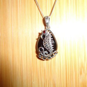 Sterling Silver Marcasite Onyx Seahorse Necklace Never Worn